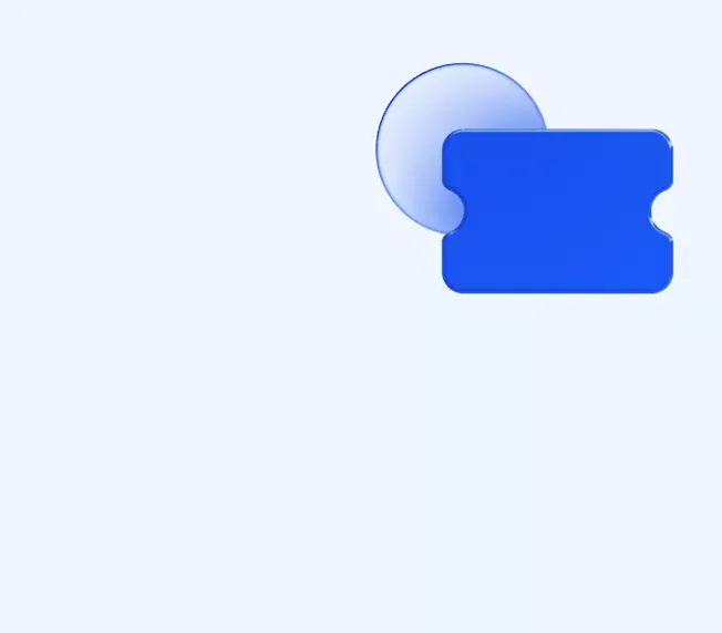 3D rendering of a blue ticket-shaped icon with rounded corners, positioned near a translucent, overlapping circle on a light blue background