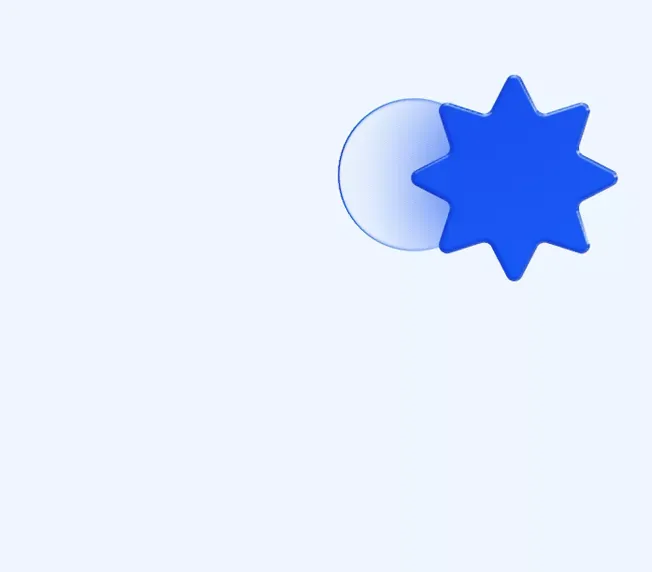 Abstract graphic of a blue eight-pointed star shape overlapping a clear, circular form on a pale blue background