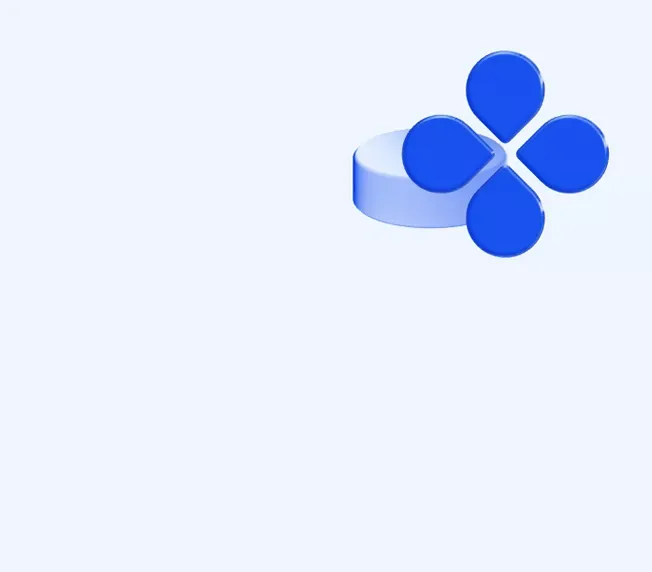 Abstract graphic of four blue, tear-drop shaped elements forming a cross-like design, positioned on top of a clear, cylindrical pedestal on a pale blue background