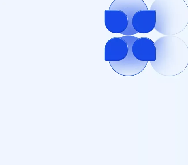 Blue rounded squares arranged in a pattern on top of translucent circles, against a light blue background.
