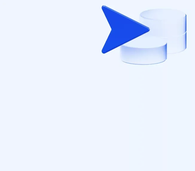 3D rendering of a blue arrow pointing right, positioned near two translucent glass cylinders on a light blue background