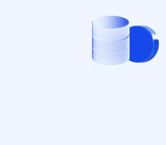 Modern 3D illustration of a stack of translucent cylinders and a solid blue disc on a light blue surface