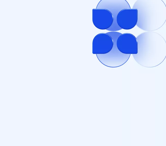 Blue rounded squares arranged in a pattern on top of translucent circles, against a light blue background.